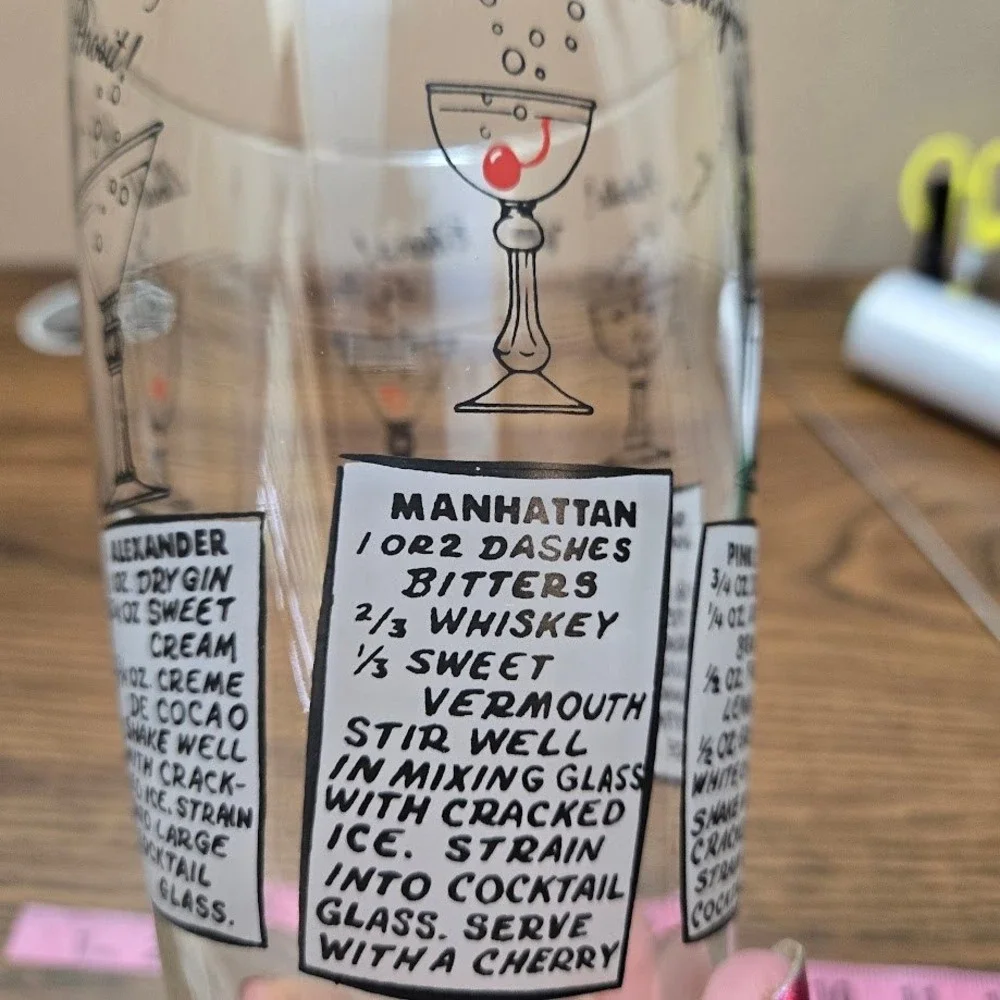 VTG Cocktail Recipe Barware Glass‎ Drink Shaker NO LID SEE DESC